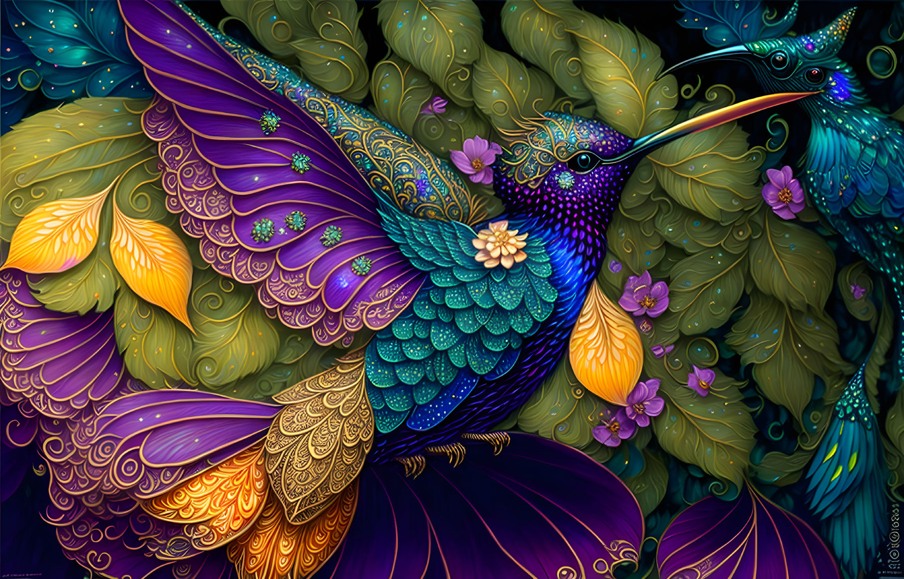 Colorful Stylized Hummingbird Artwork with Floral Patterns in Purple, Blue, and Gold