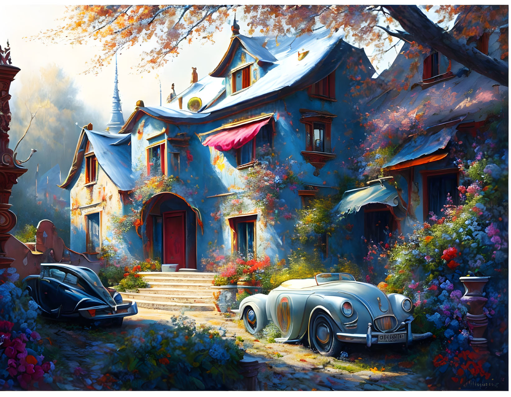 Tranquil scene with classic cars parked outside a blue house