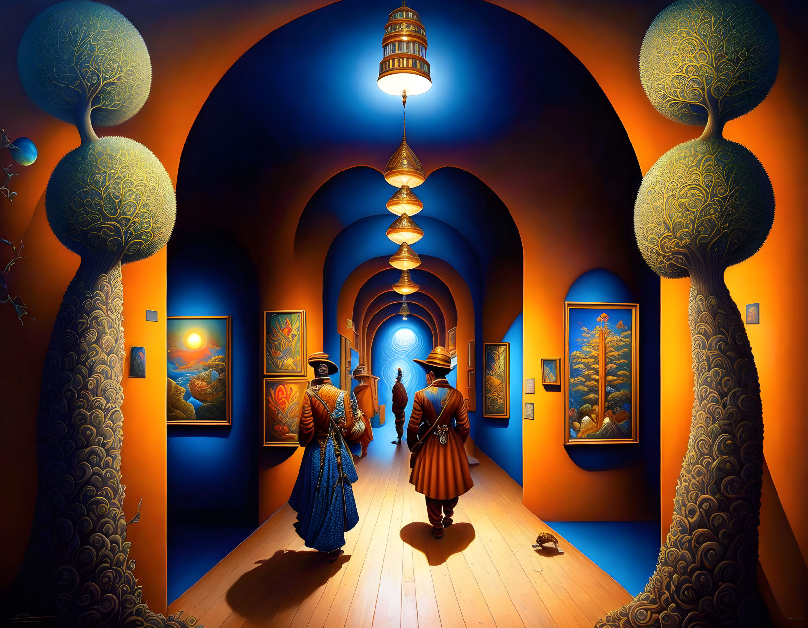 Art Gallery Corridor with Visitors, Ornate Trees, Paintings, and Bright Tower End