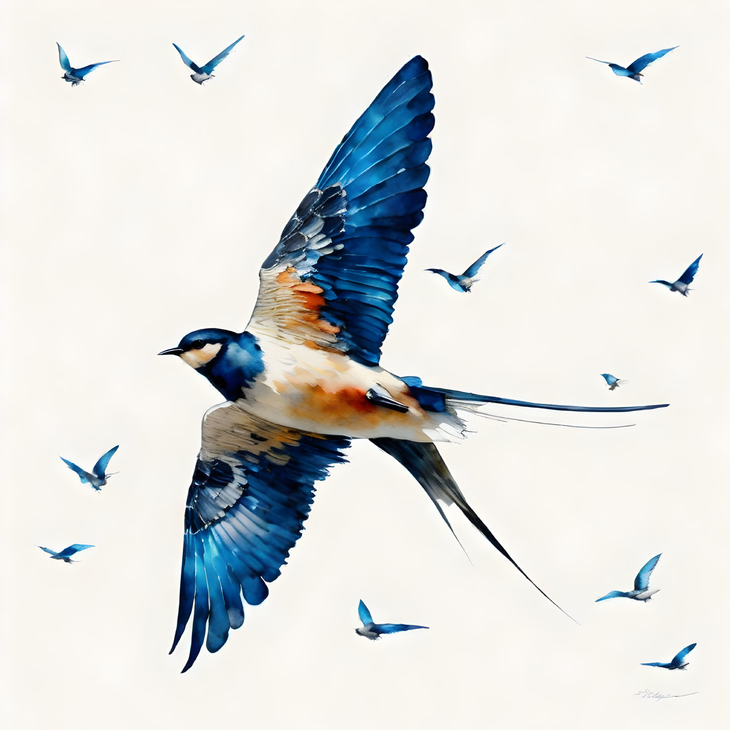 Detailed illustration of blue-winged swallow mid-flight with smaller swallows in background