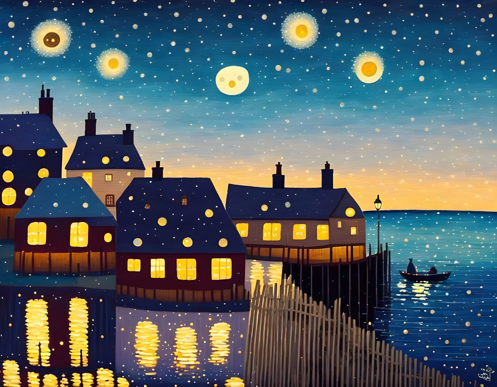 Coastal village under starry night with moon, boat, and glowing orbs