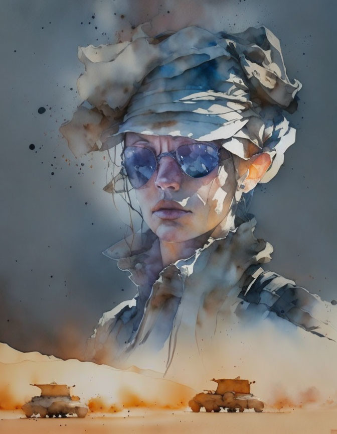 Abstract watercolor painting: person with sunglasses and headscarf in warm tones, desert theme