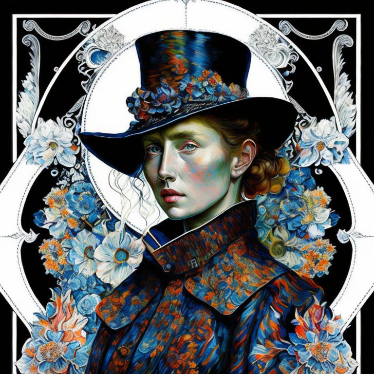 Stylized portrait of person with pale skin and red hair in floral top hat frame