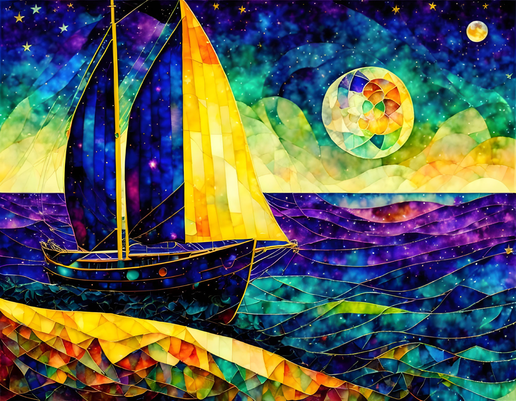 Colorful Stained Glass Style Sailing Boat Illustration on Ocean with Starlit Sky