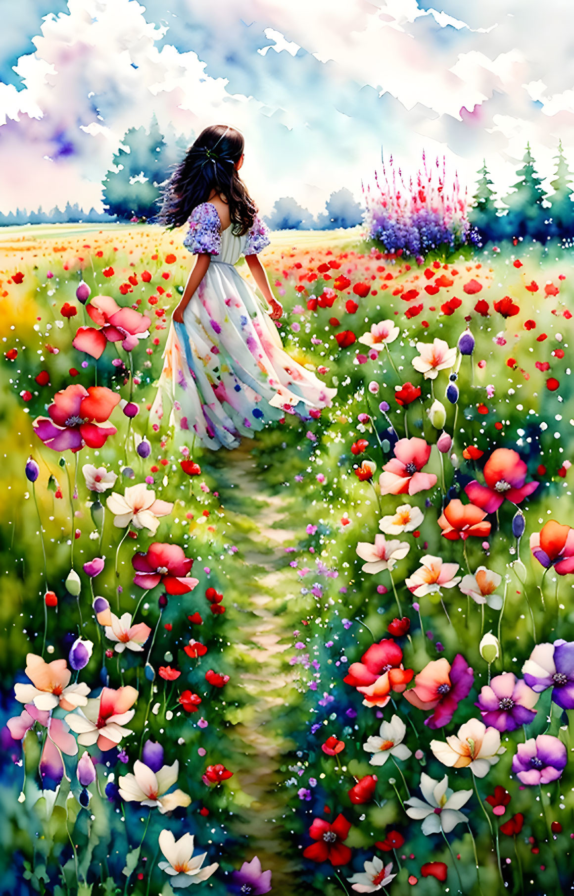 Girl in pastel dress walking through vibrant wildflower meadow with winding trail, trees, and vivid