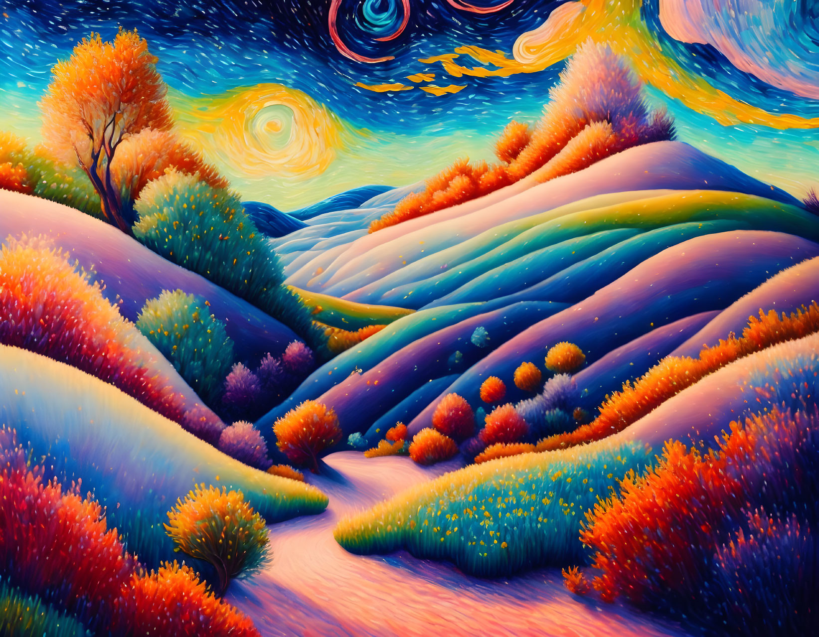 Colorful surreal landscape with swirling sky and rolling hills