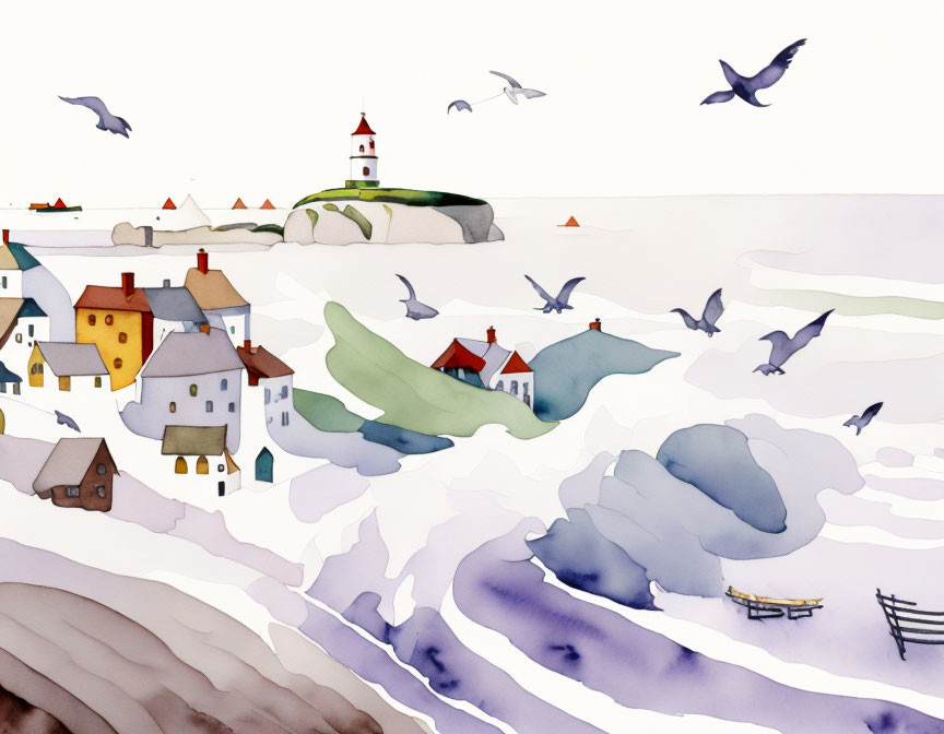 Coastal village watercolor painting with lighthouse and seagulls