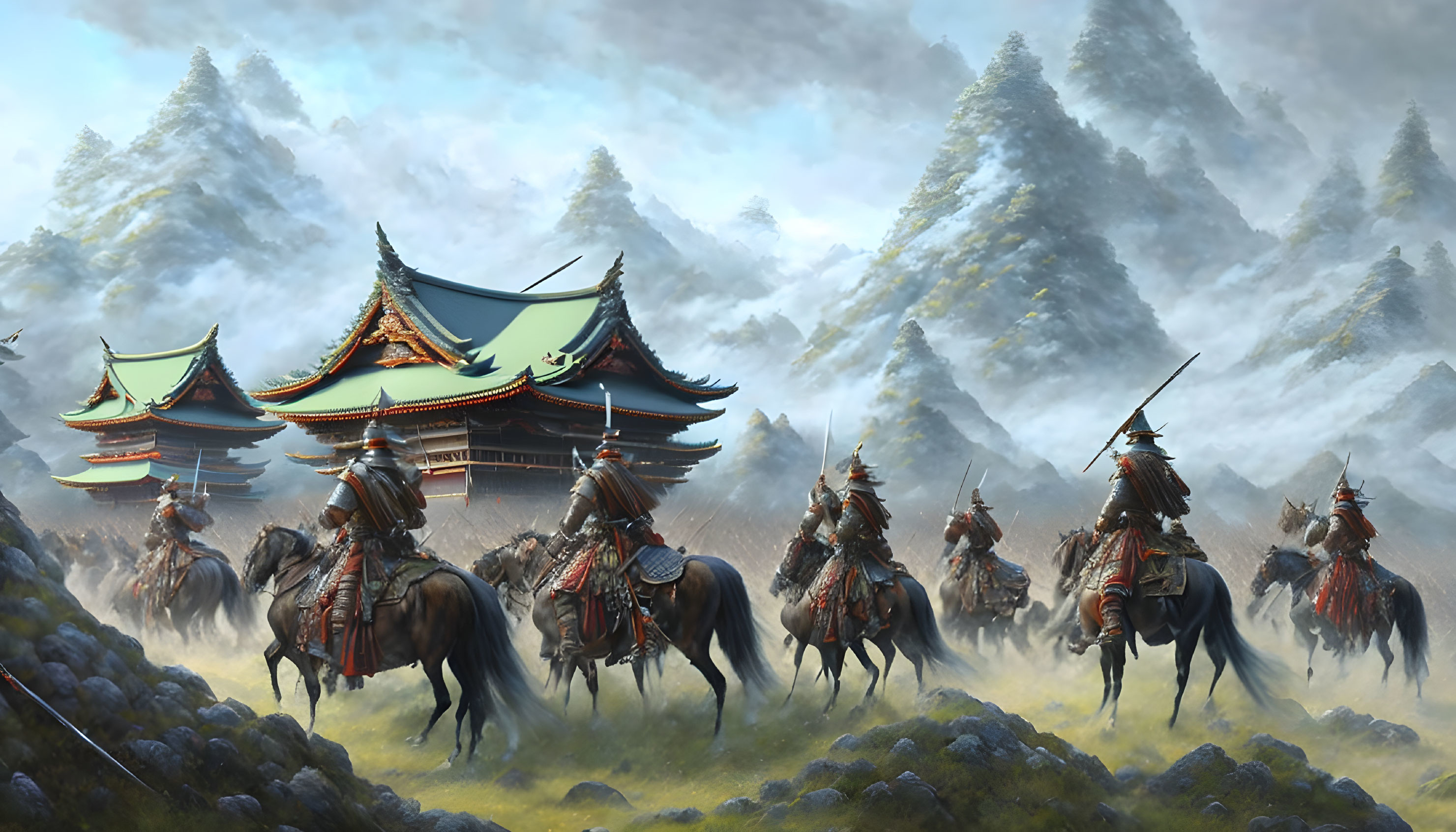 Armored samurai on horseback at Japanese temple in snowy forest.