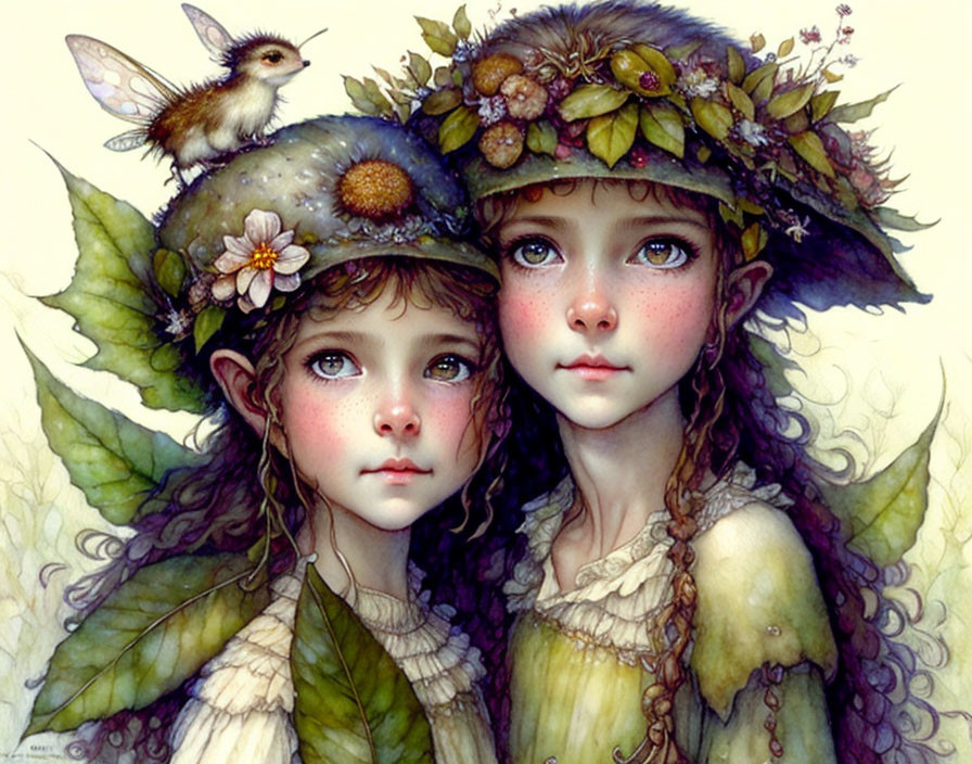 Whimsical girls with leafy hats and bird in vibrant fantasy art