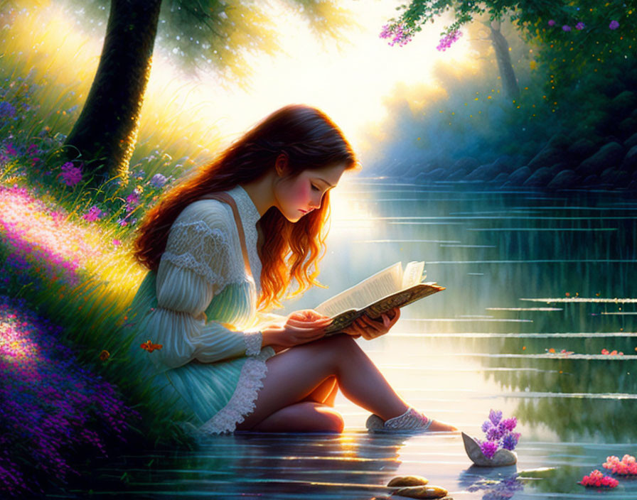 Young woman reading book by serene lake with sunlight filtering through trees.