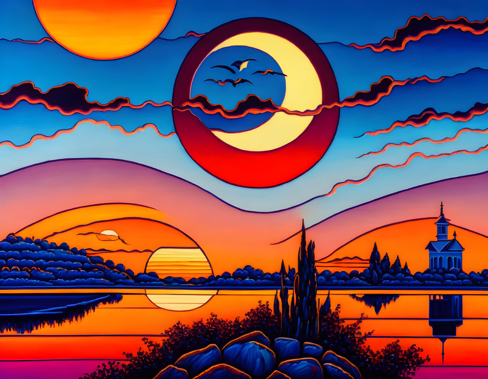 Landscape painting: Two suns, reflective water, church silhouette, trees, bird in surreal setting
