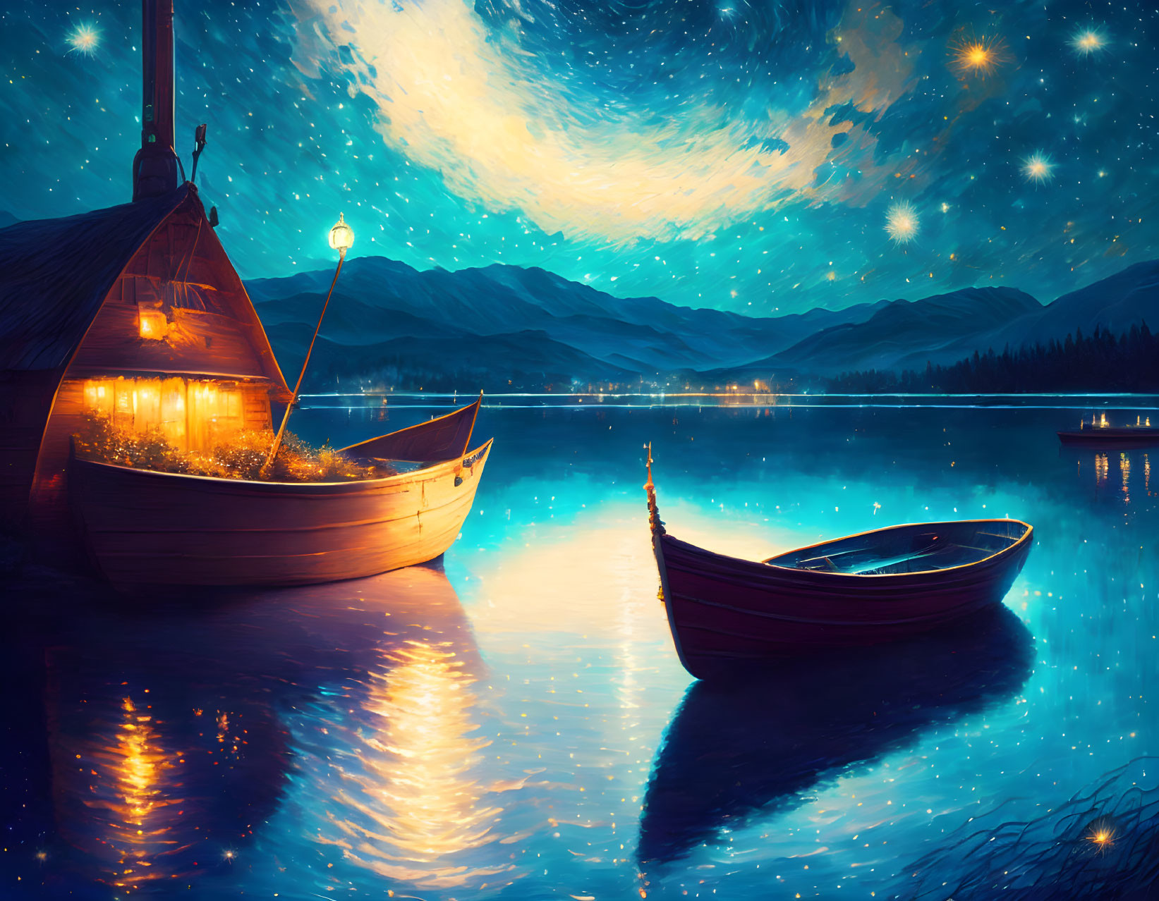 Tranquil night scene: two boats on lake with starry sky, mountains, one boat with