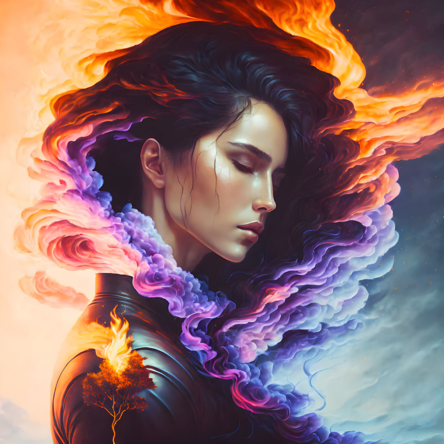 Woman with flowing hair merging into fiery clouds and purple smoke, carrying a burning tree.