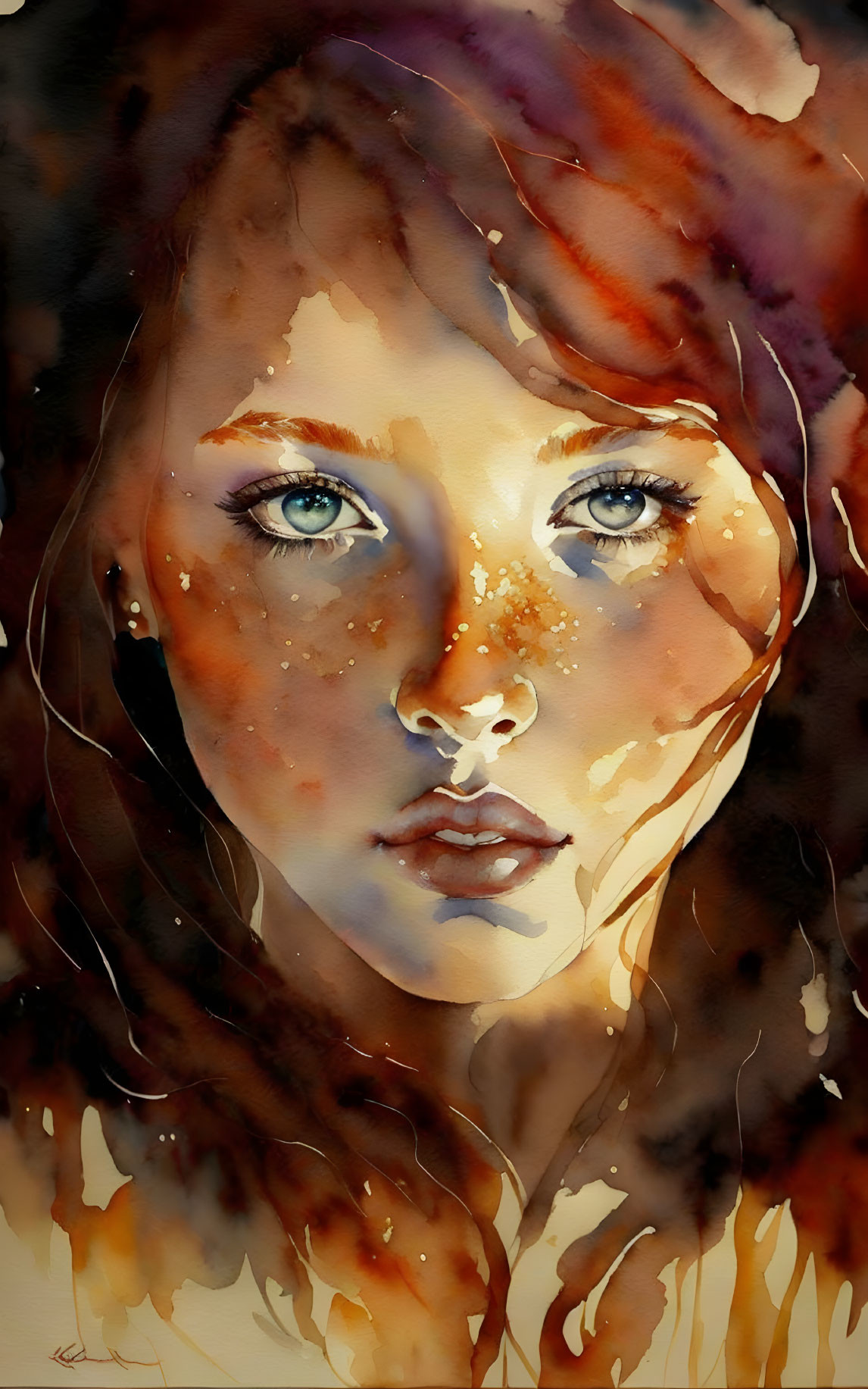 Portrait of a Woman with Striking Blue Eyes and Freckles in Watercolor