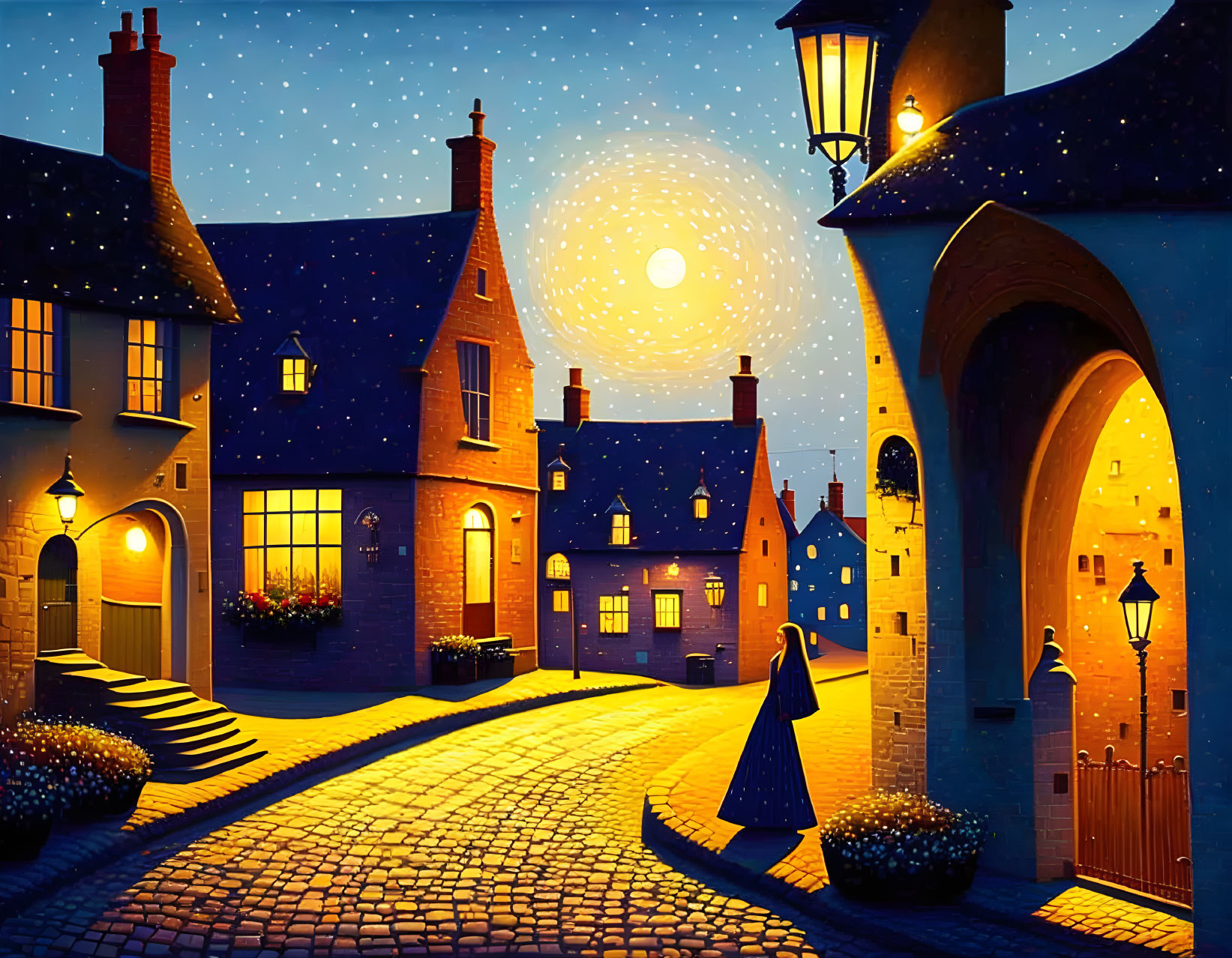 Cozy cobblestone street at night with warm lanterns, starlit sky