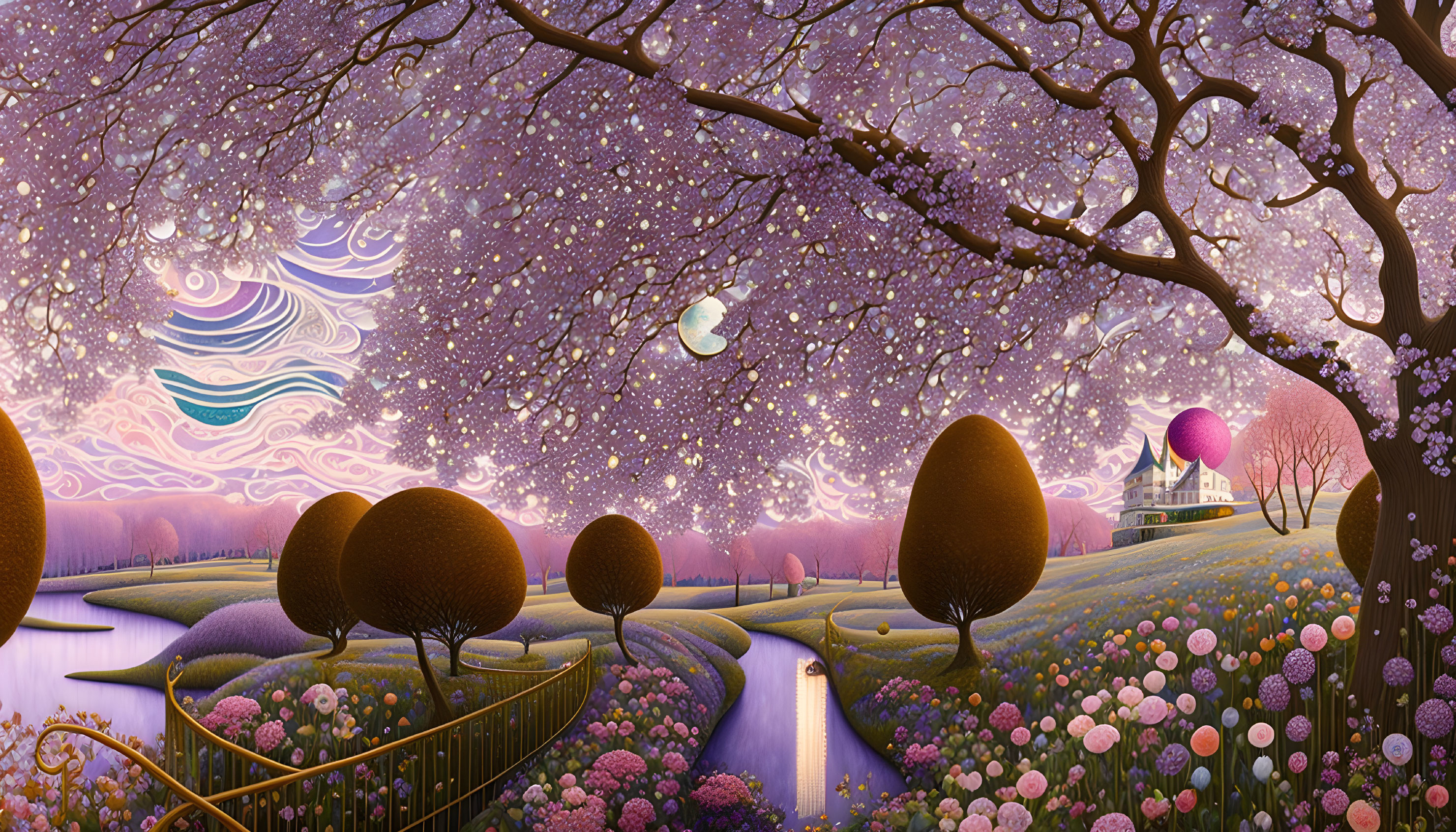 Colorful landscape with cherry trees, purple skies, surreal topiary, and a sparkling river.
