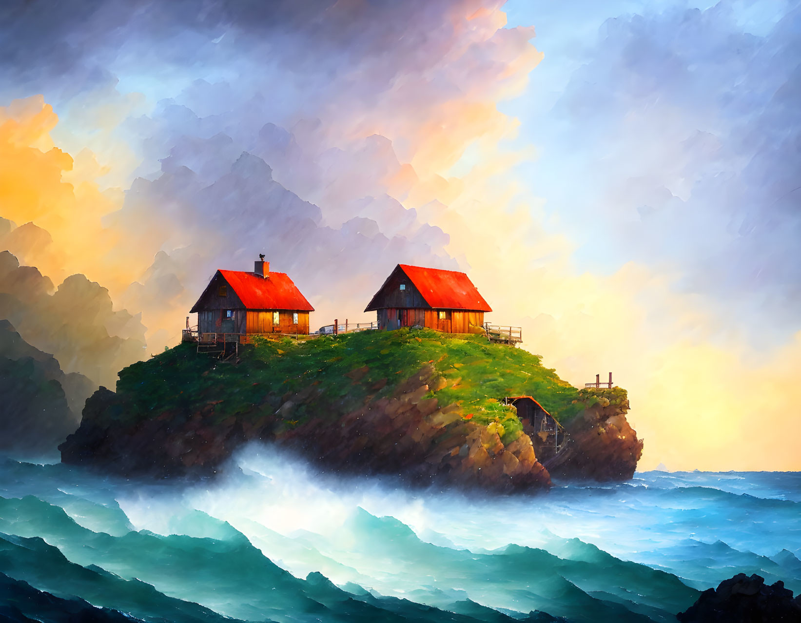 Rustic houses on lush green islet amid turbulent sea waves at sunset