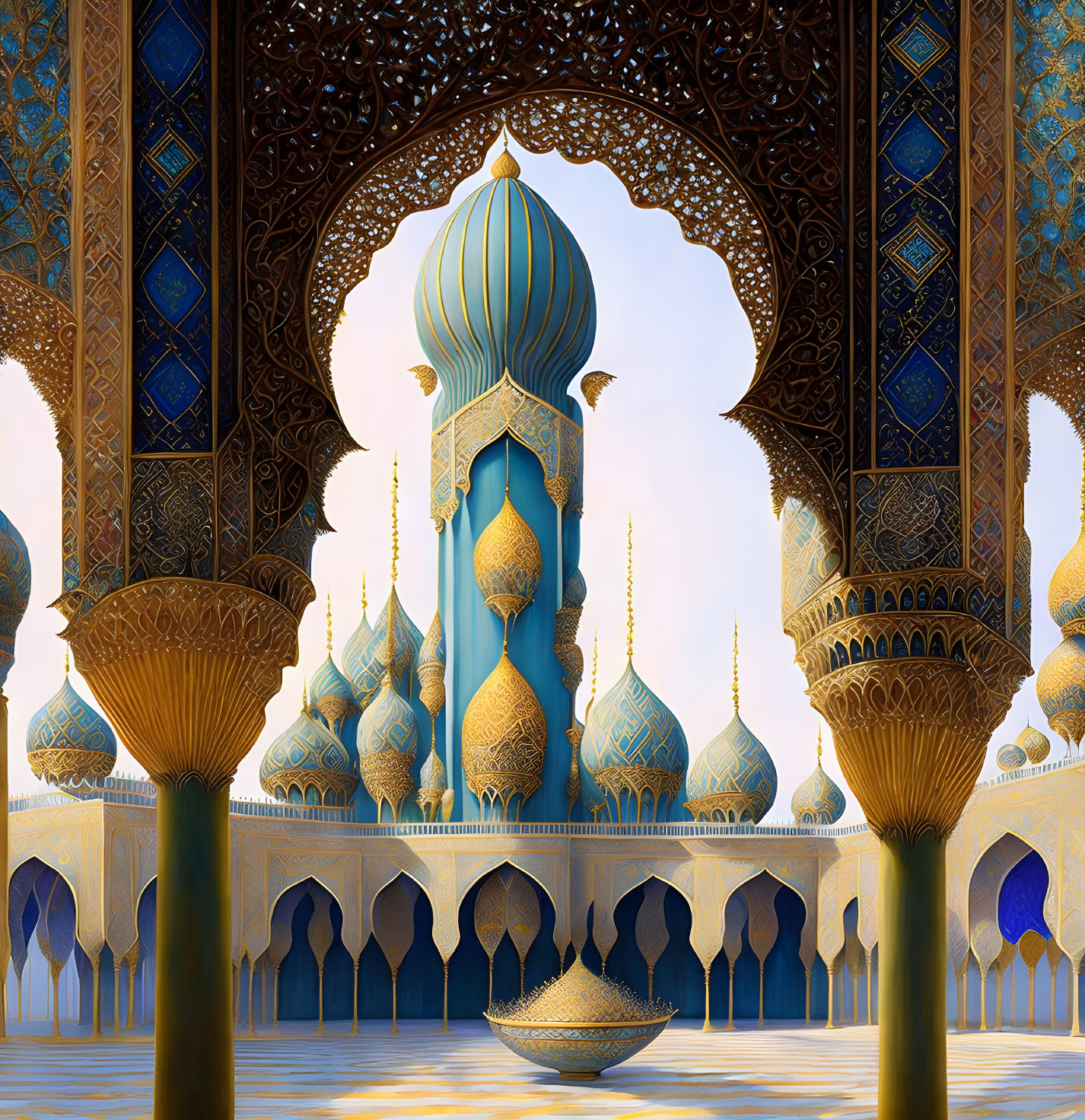 Ornate Islamic Palace with Blue and Gold Geometric Patterns