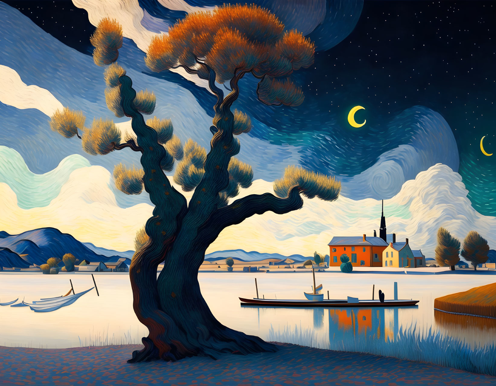 Twisted tree painting by lakeside at night with crescent moons and boats