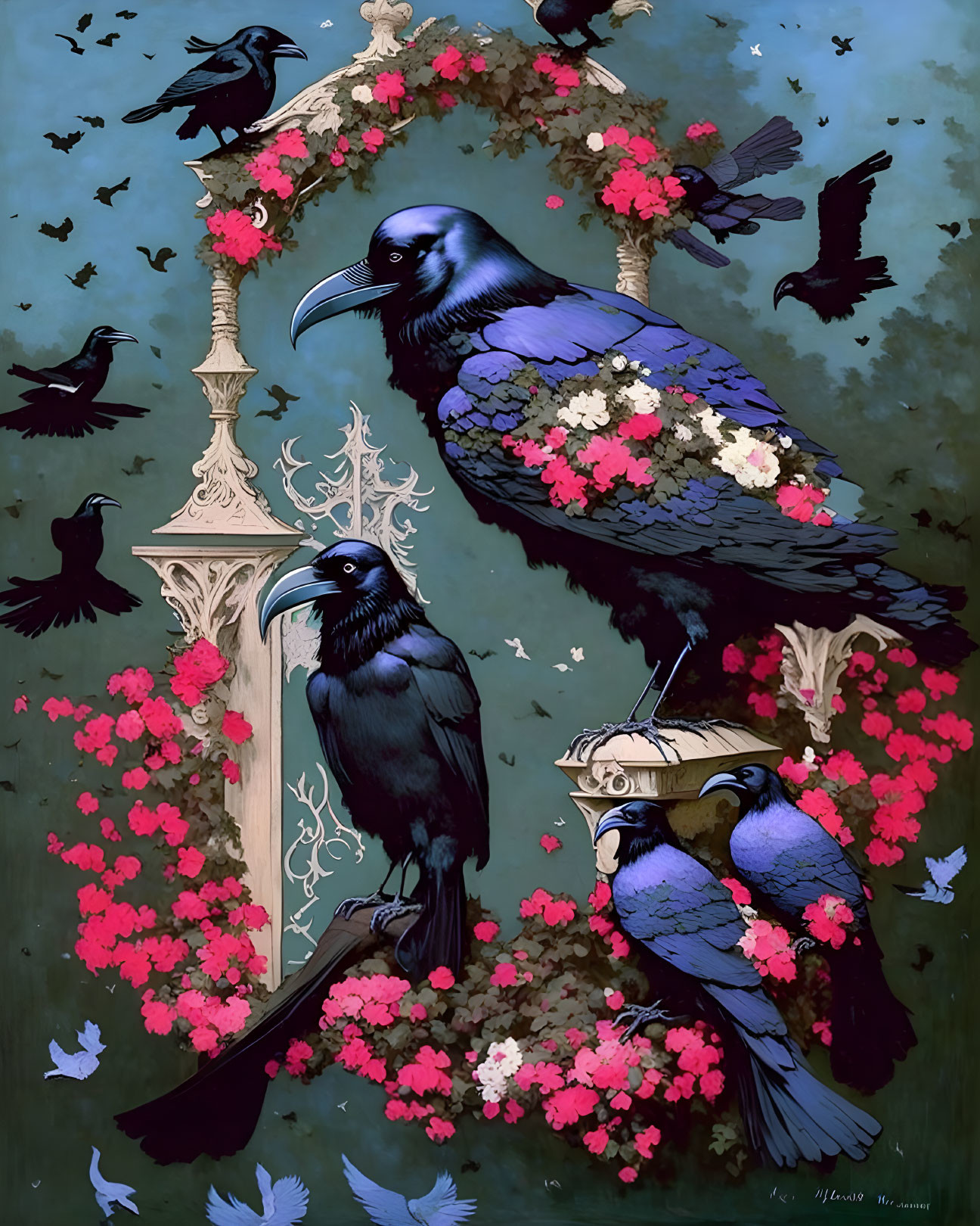 Ravens and Bird Among Pink Flowers on Teal Background
