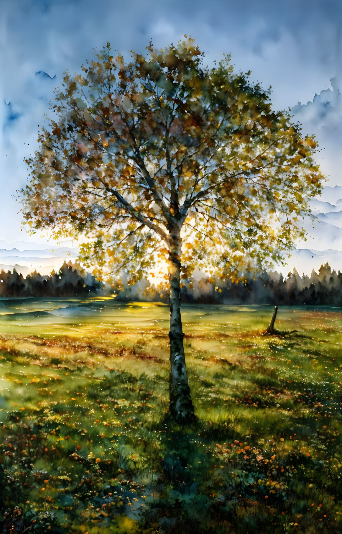 Autumn Tree Watercolor Painting with Sunlight and Fields