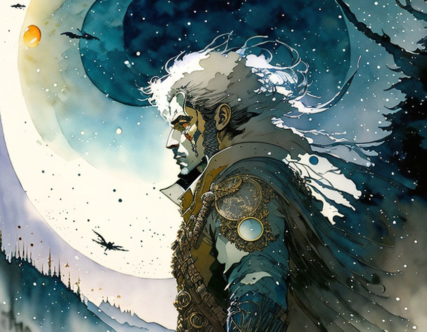 Illustrated man with white hair and face paint under full moon and night sky.