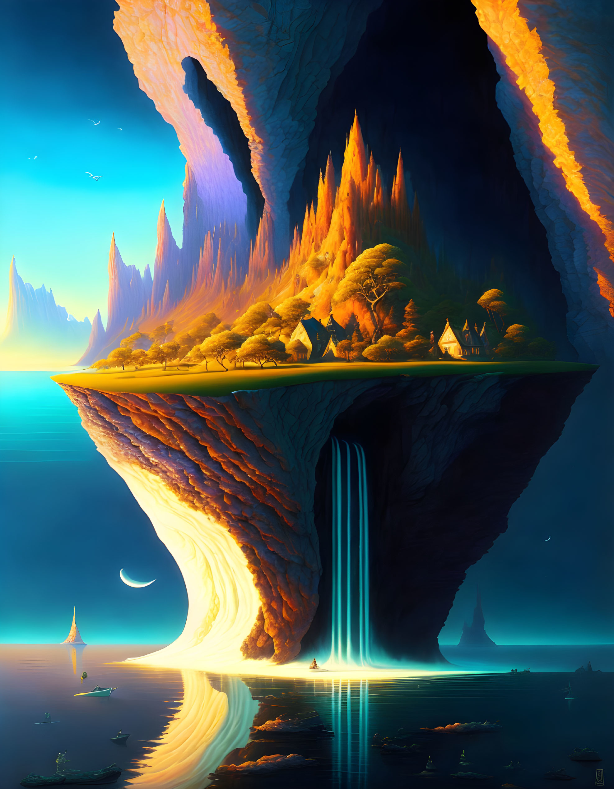 Fantastical floating island with waterfall, houses, fiery trees, sea, boats, twilight sky