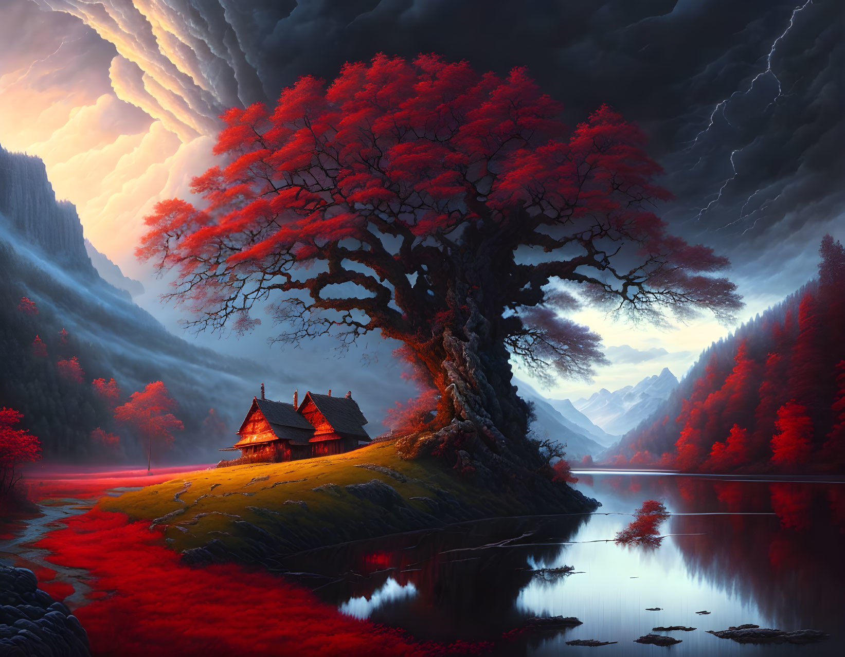 Twilight landscape with red tree, cottages, river, mountains