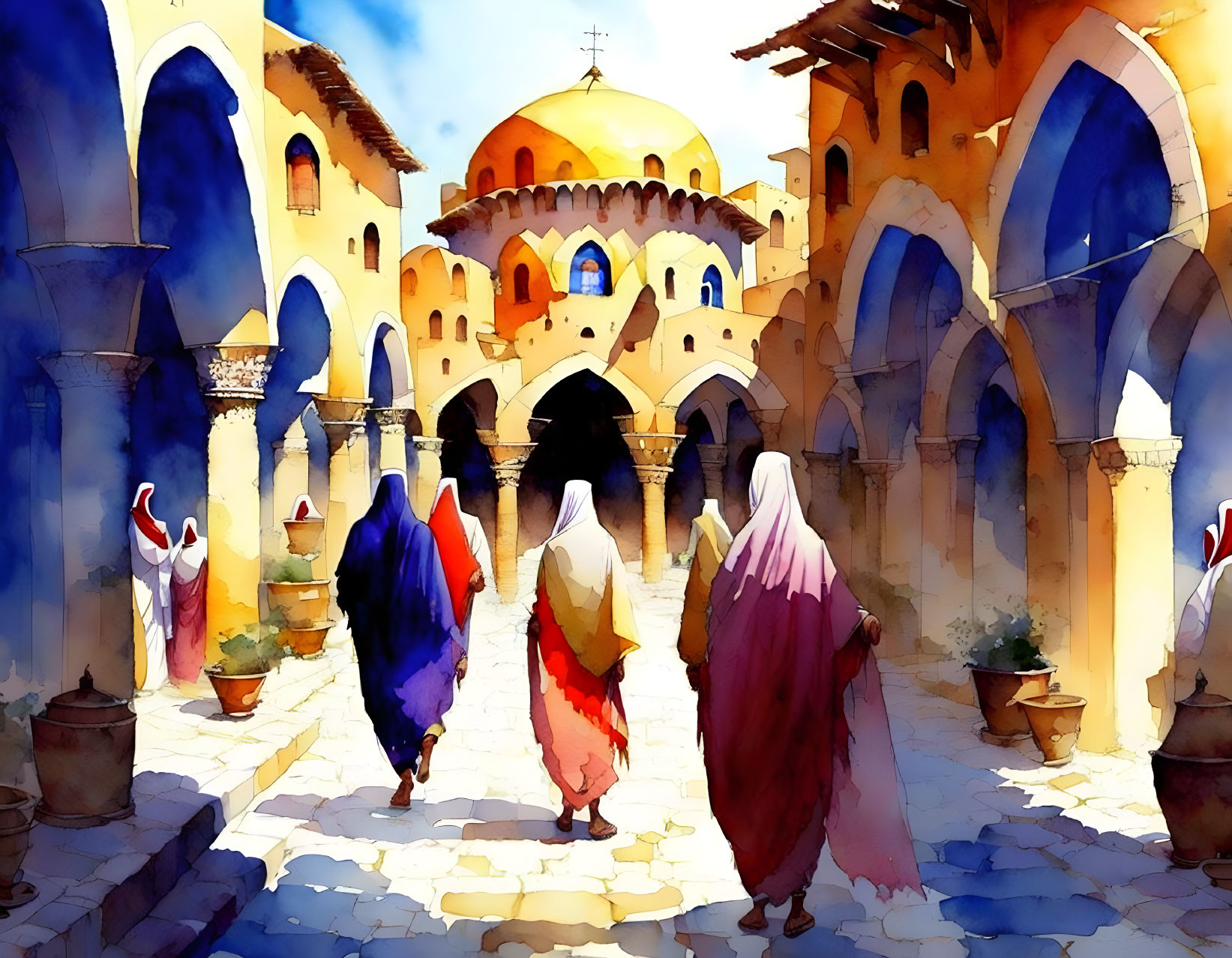 People in cloaks walking to golden-domed building in watercolor art.