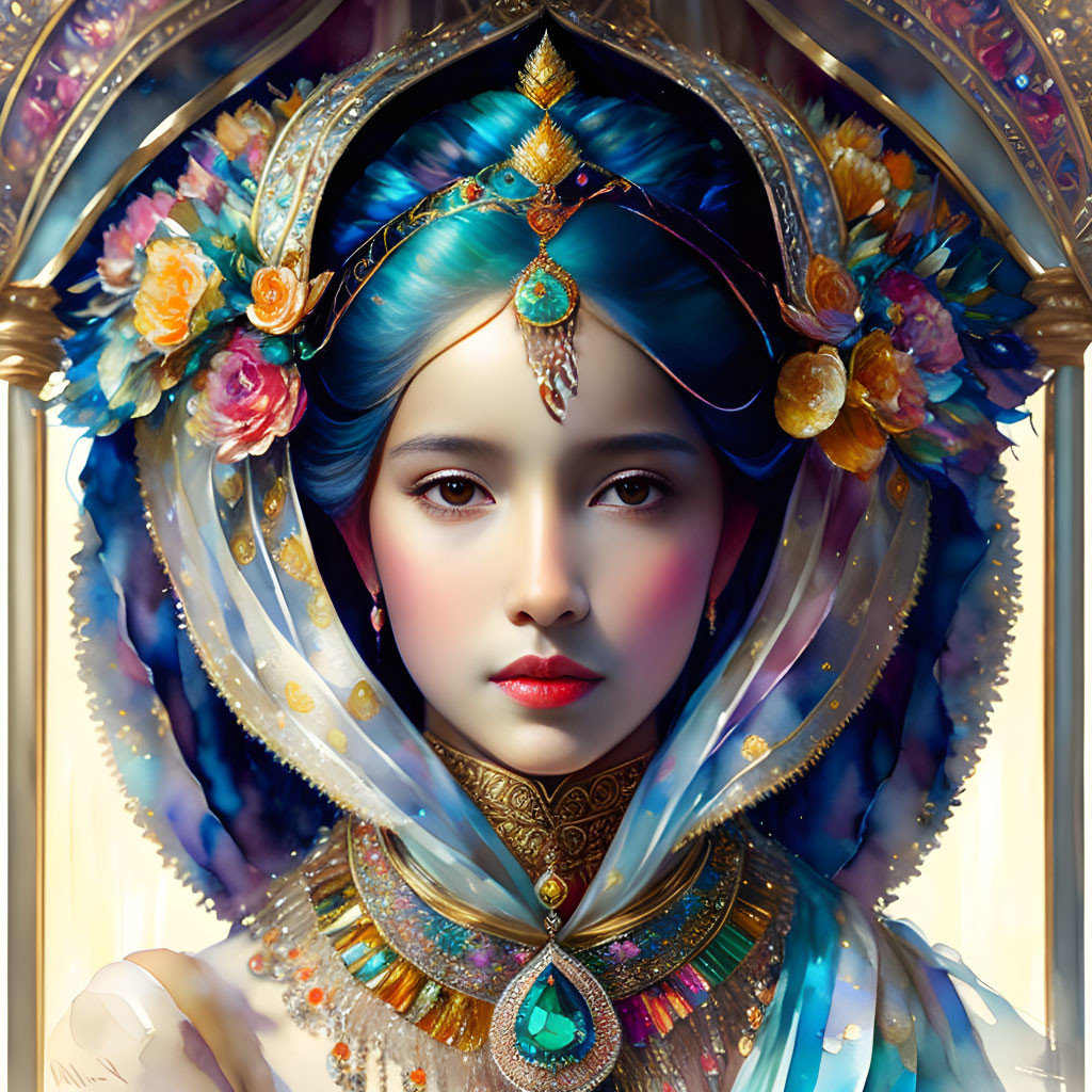 Woman portrait with ornate blue and gold headdress and striking makeup