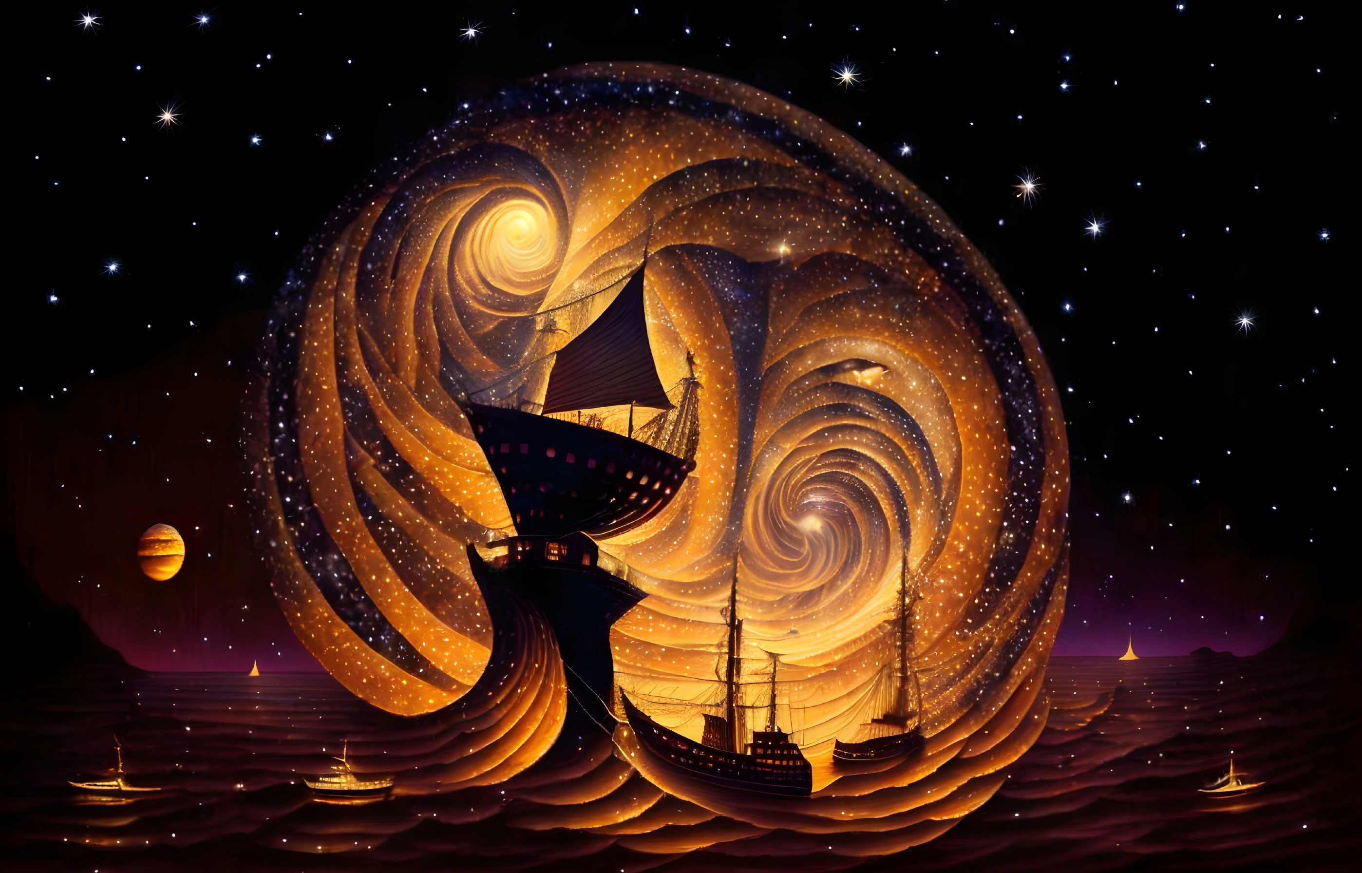 Surreal digital artwork of nighttime seascape with boats and star patterns