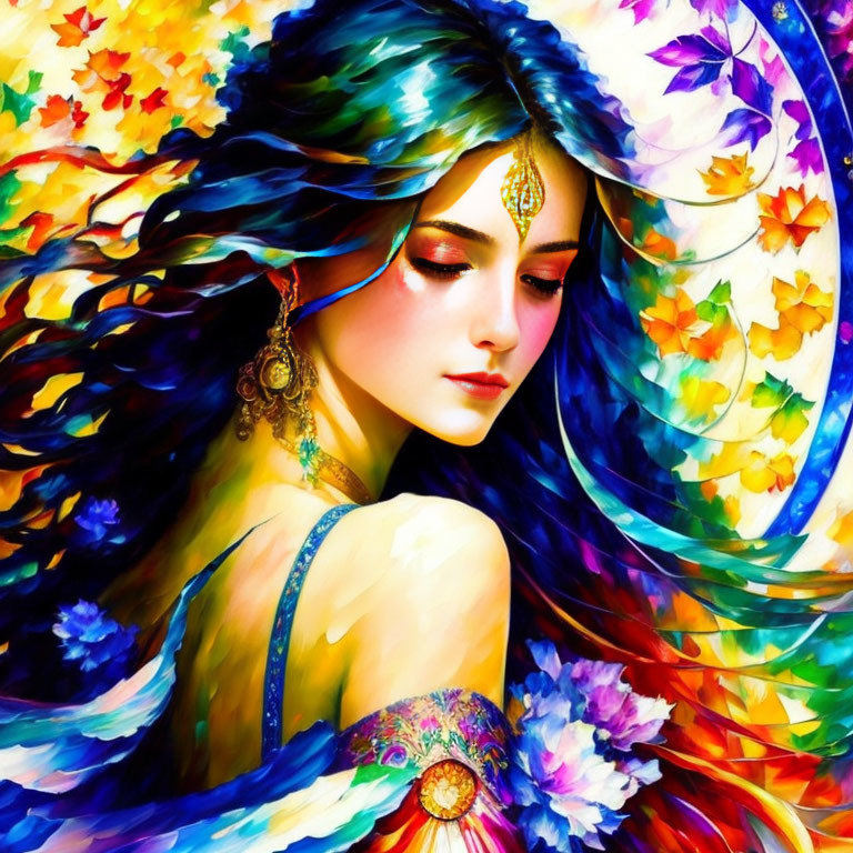 Colorful artistic illustration of woman with blue hair and nature-inspired jewelry.