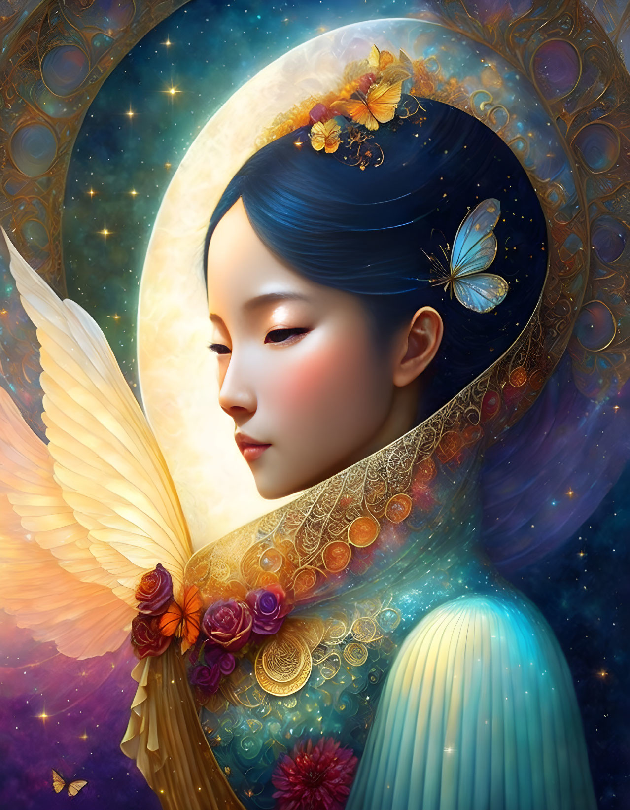 Digital artwork featuring woman with blue hair, golden halo, butterfly wings, flowers, and celestial motifs