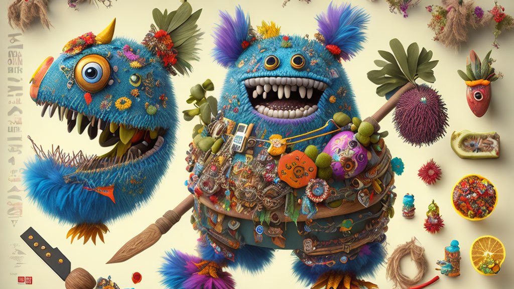 Colorful digital artwork of whimsical furry monsters with eclectic trinkets in quirky setting