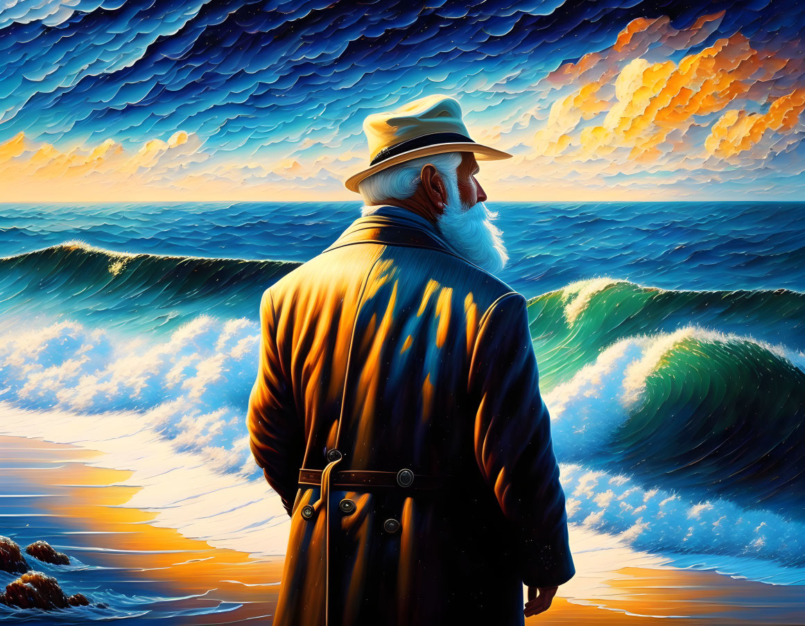 Elderly man in hat and coat gazes at ocean waves under dramatic sunset sky