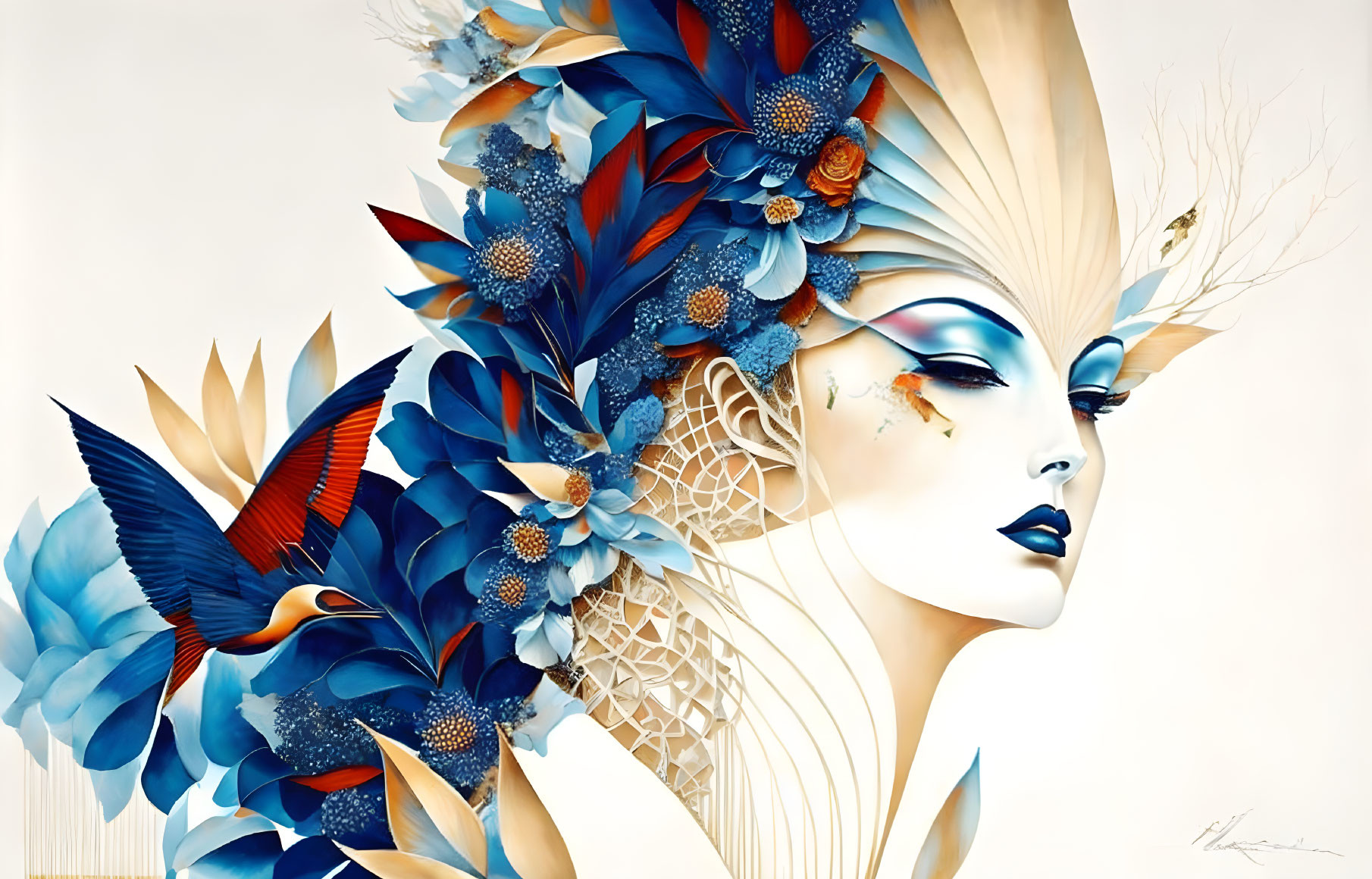 Illustration of woman with blue feathers and flowers next to stylized bird