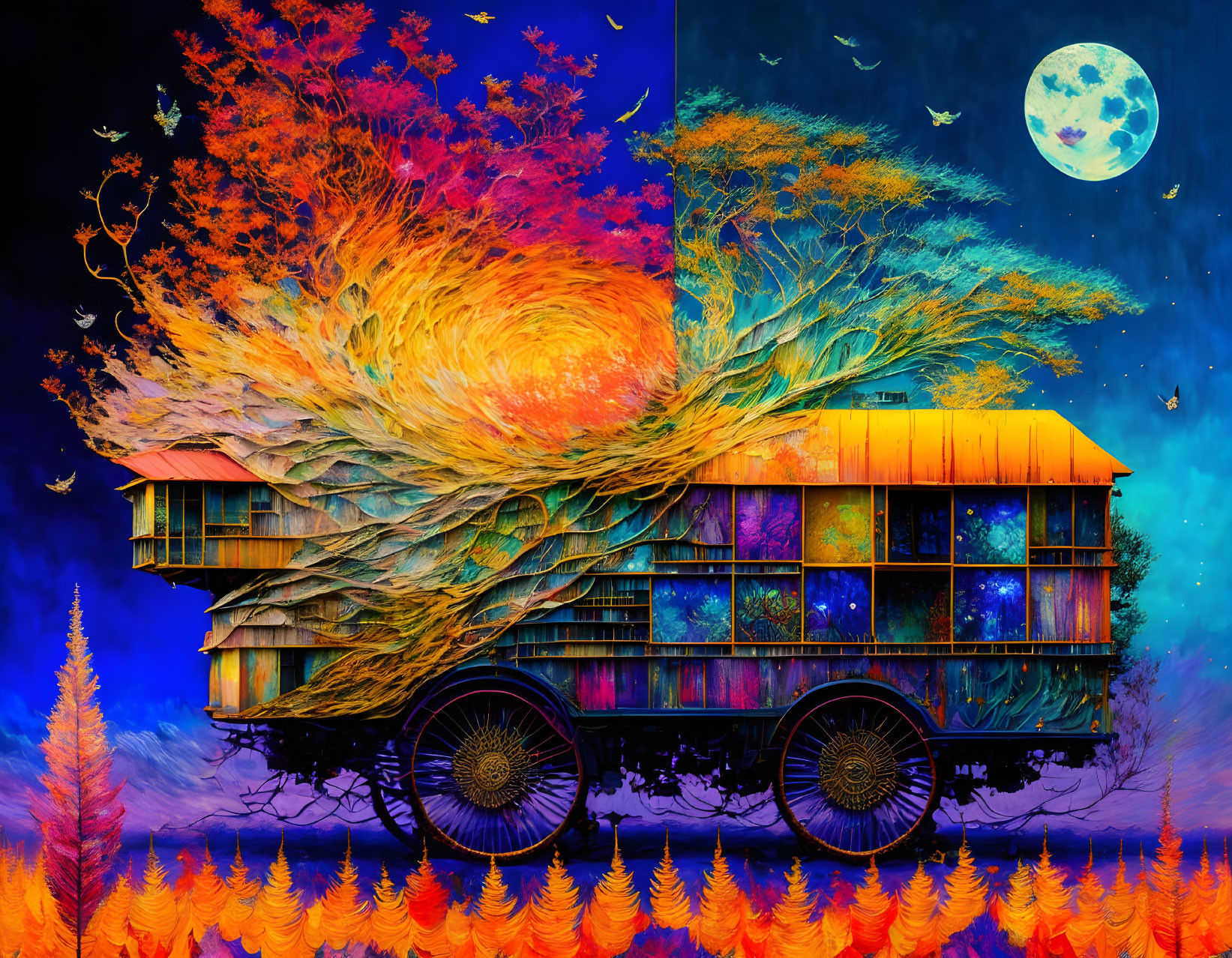 Surreal artwork: wheeled house, fiery trees, night sky