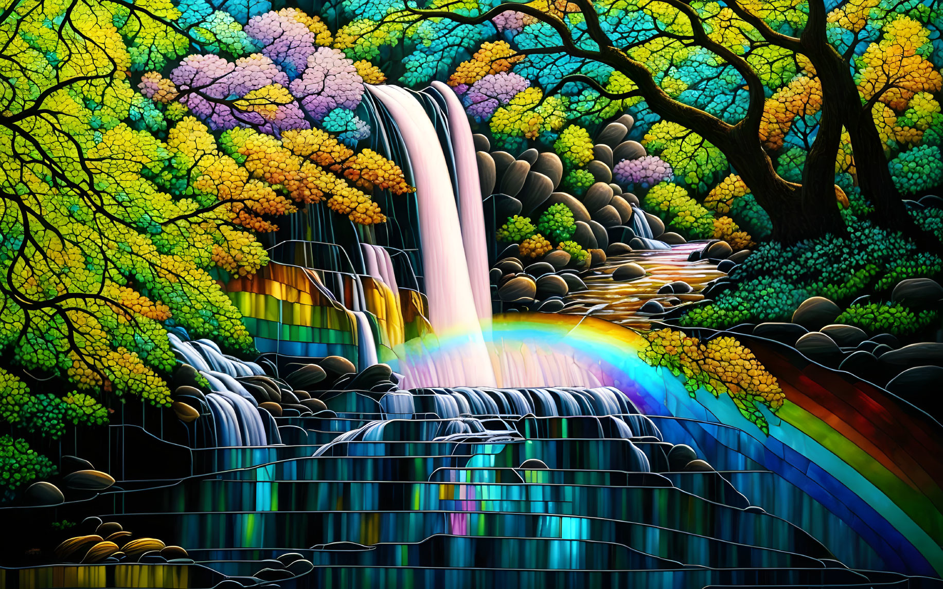 Colorful waterfall scene with rainbow and foliage