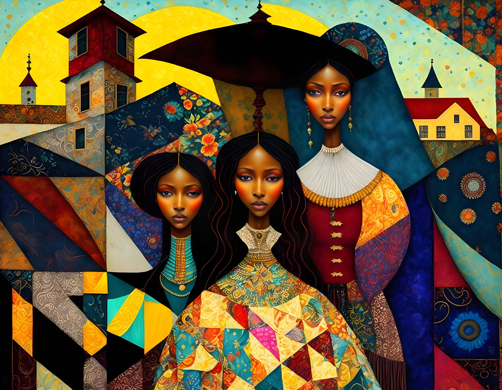 Three stylized women with elongated necks and ornate dresses under an umbrella against vibrant backdrop.