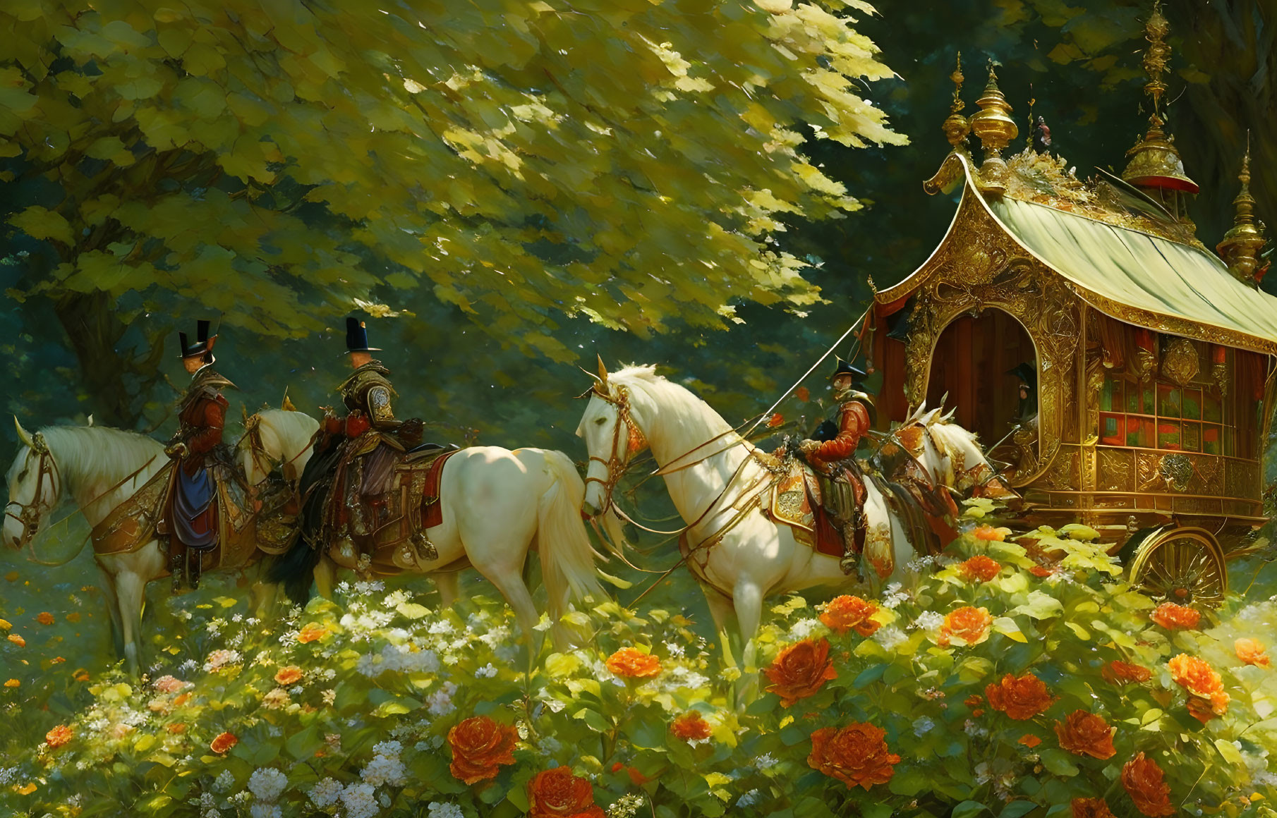 Golden carriage with white horses and armored individuals in lush garden