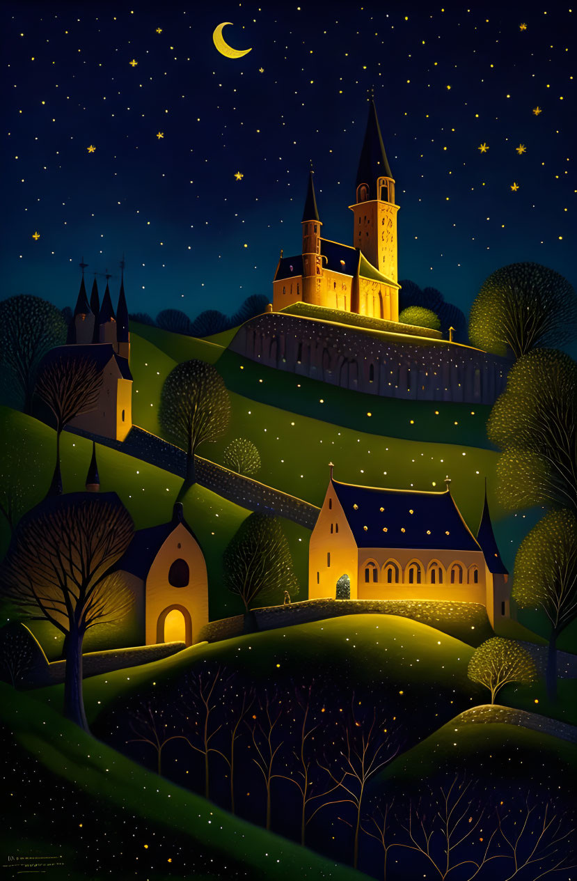 Nighttime Hilltop Castle Illustration under Starry Sky