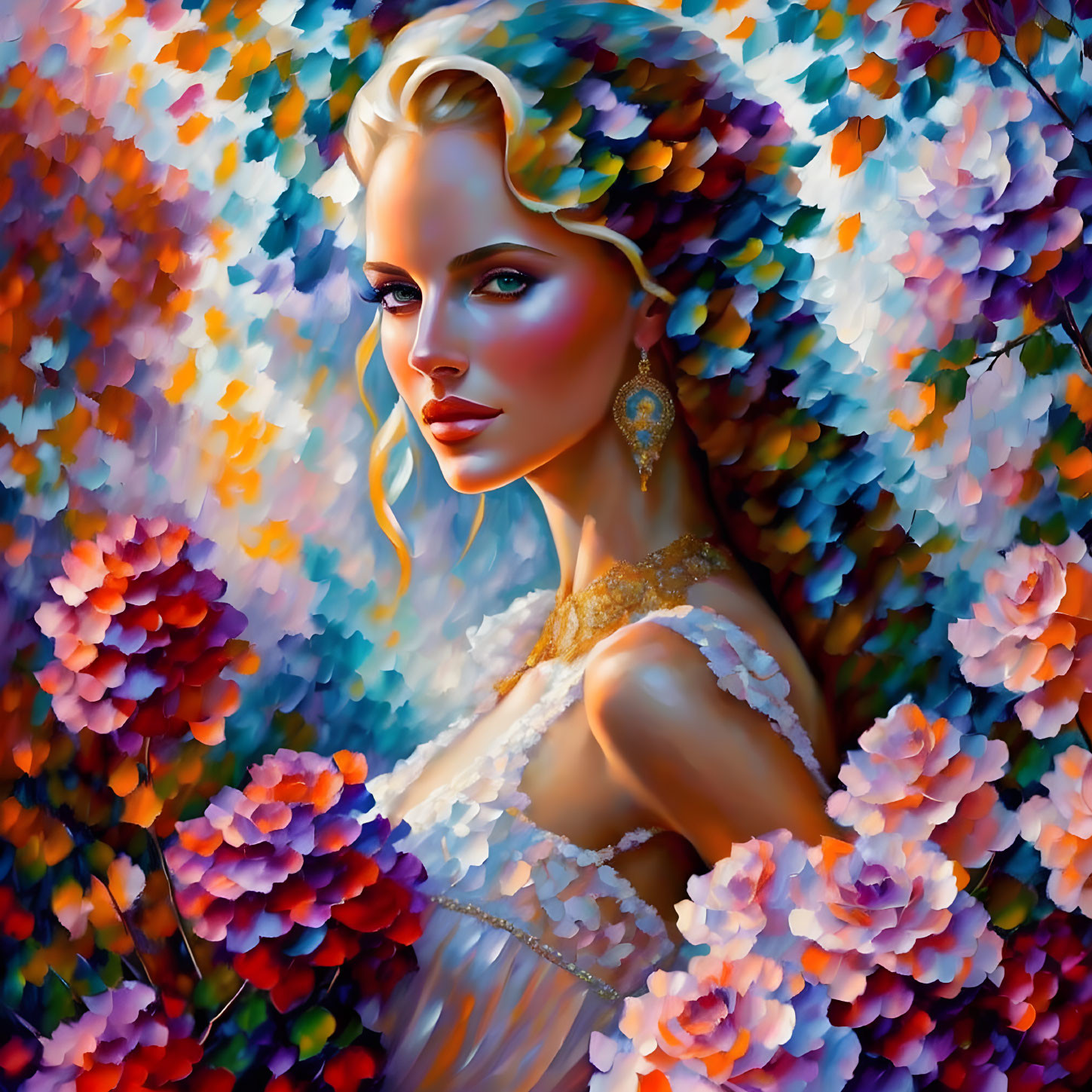 Fair-skinned woman with blonde hair surrounded by vibrant flowers in warm hues