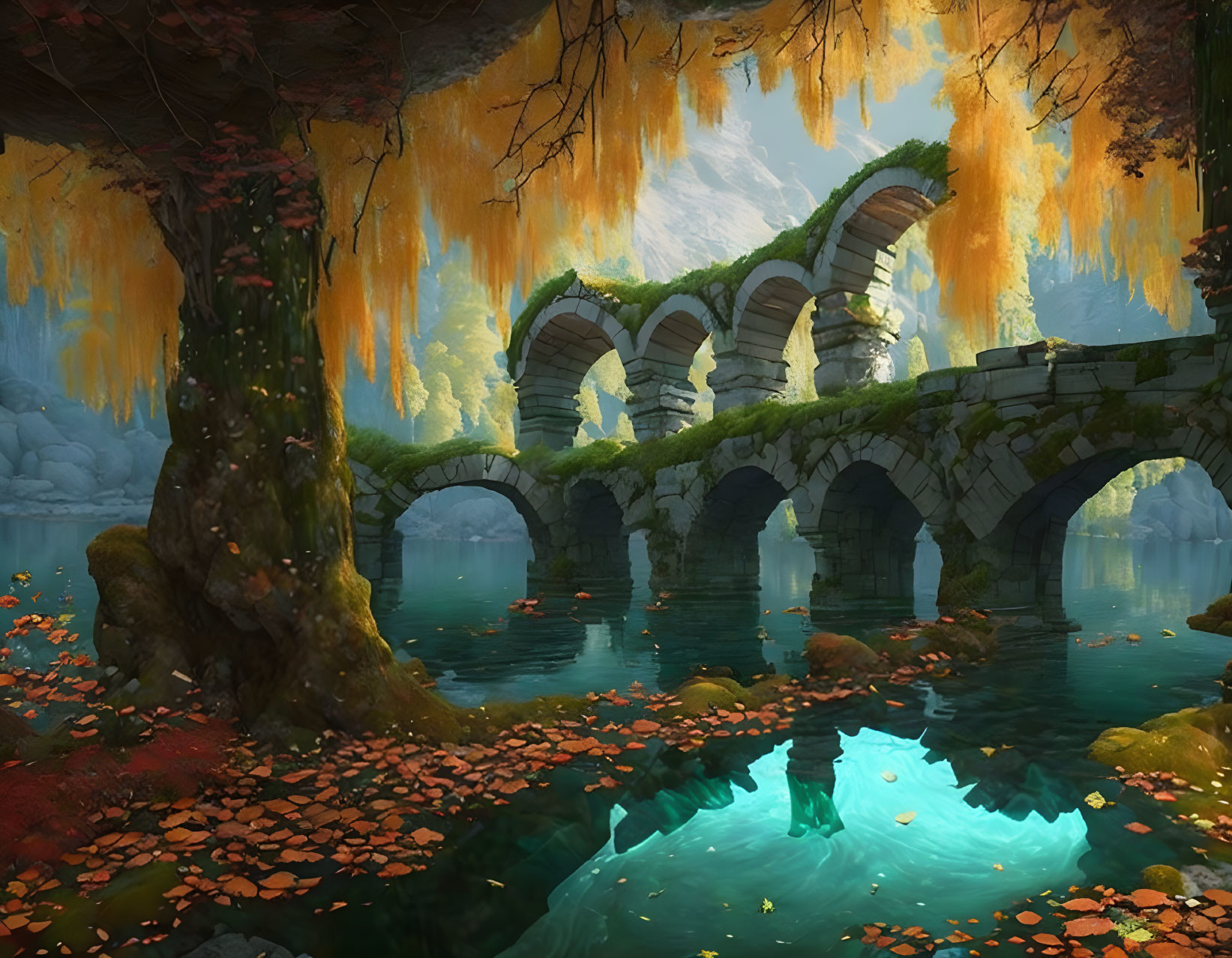 Stone bridge arches over river in autumn forest with orange foliage and serene pond