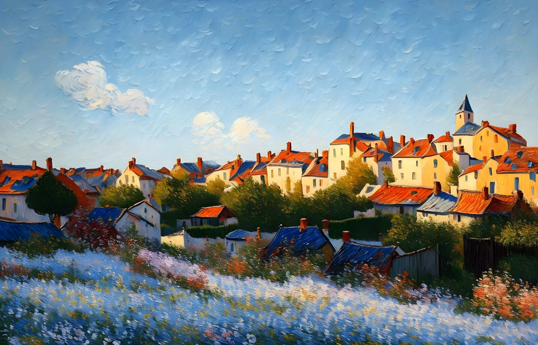 Impressionistic painting of quaint town with white houses, red roofs, church spire, and wild