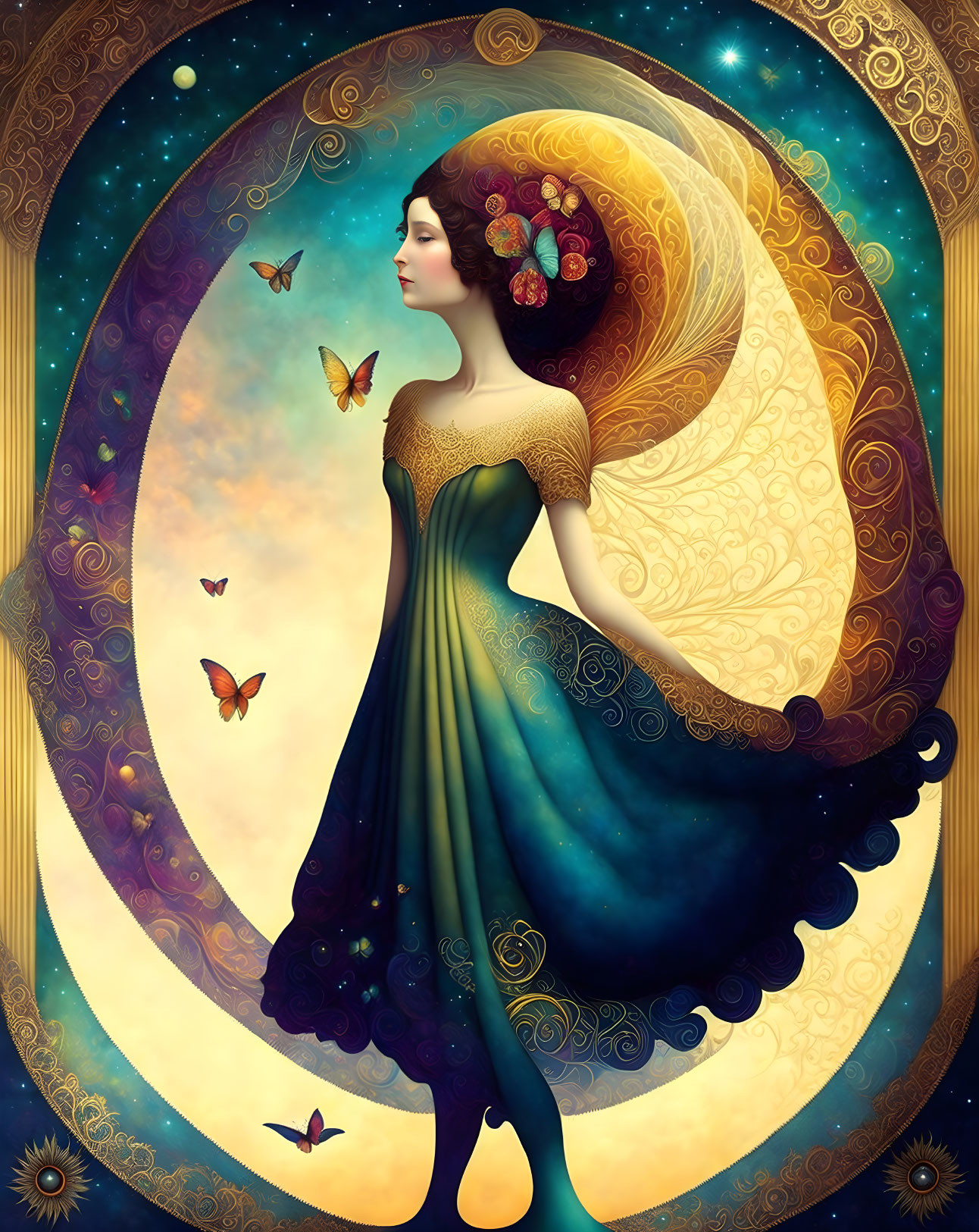 Illustration of woman with moon halo, butterflies, and cosmic backdrop