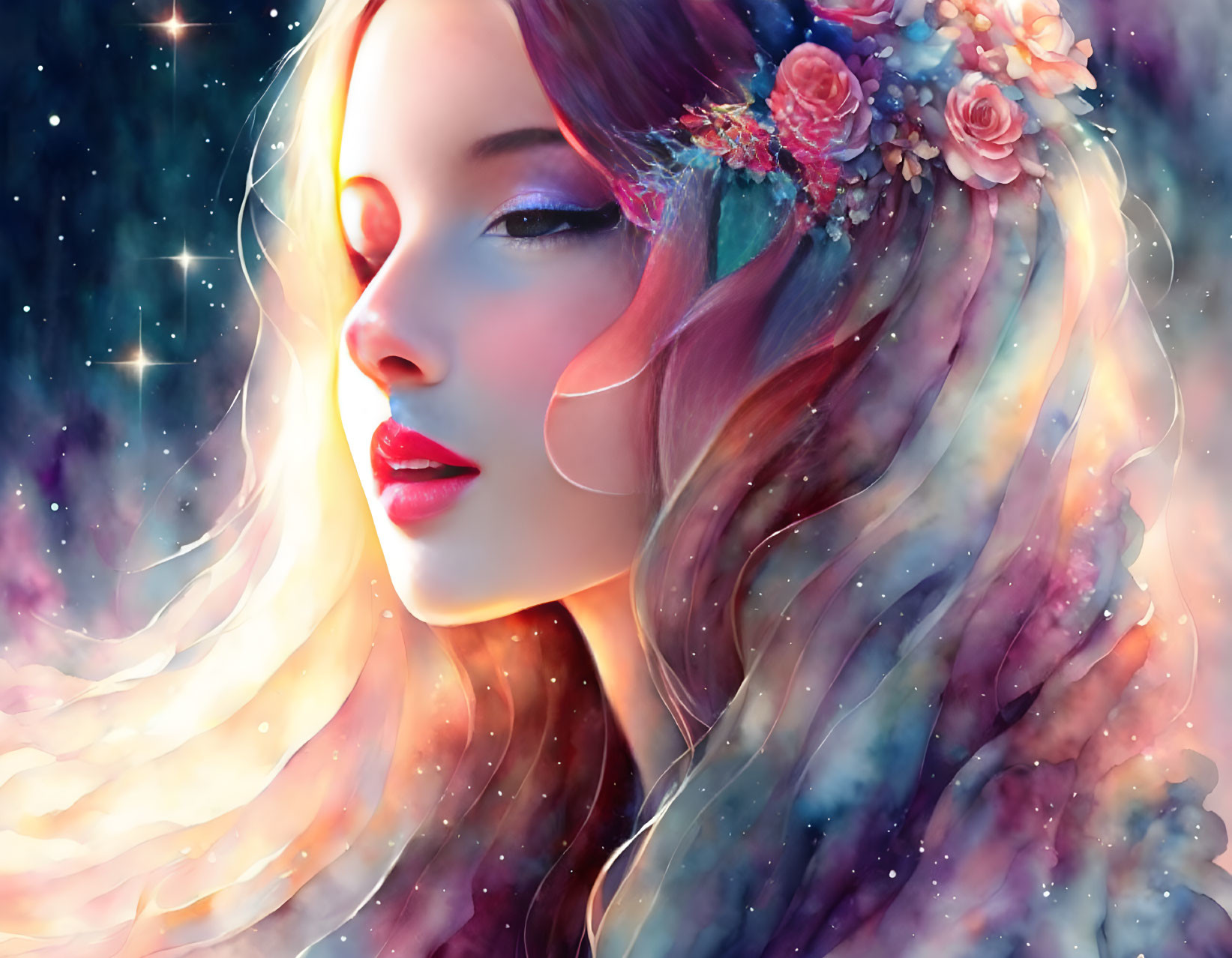 Colorful woman with floral headpiece in cosmic starry background