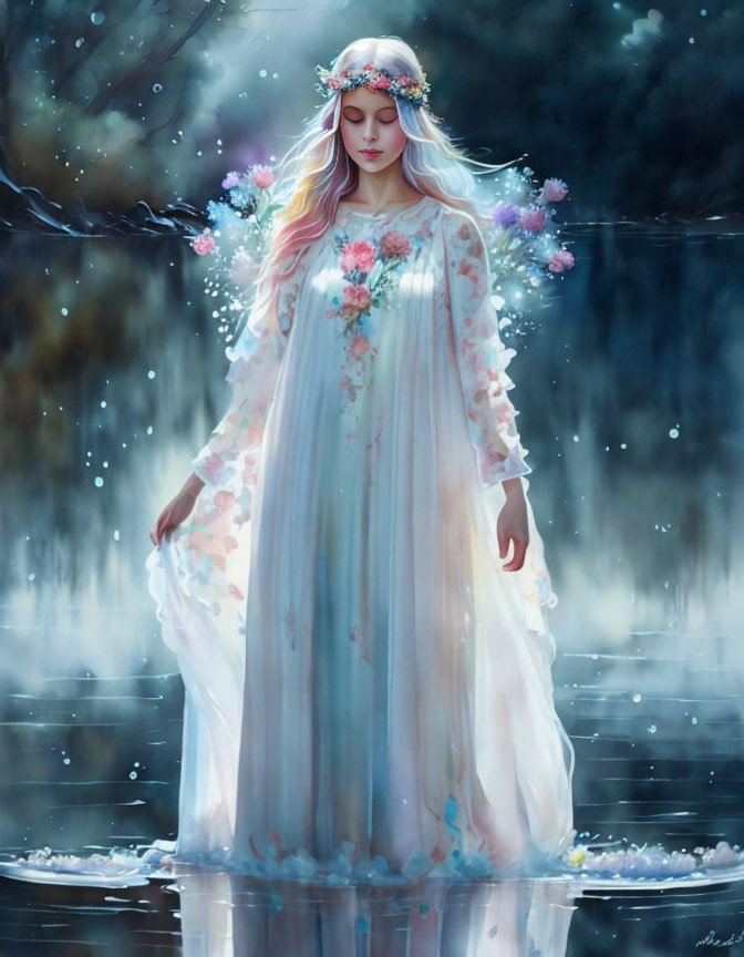 Mystical woman in floral crown and flowing dress in dimly lit watery scene