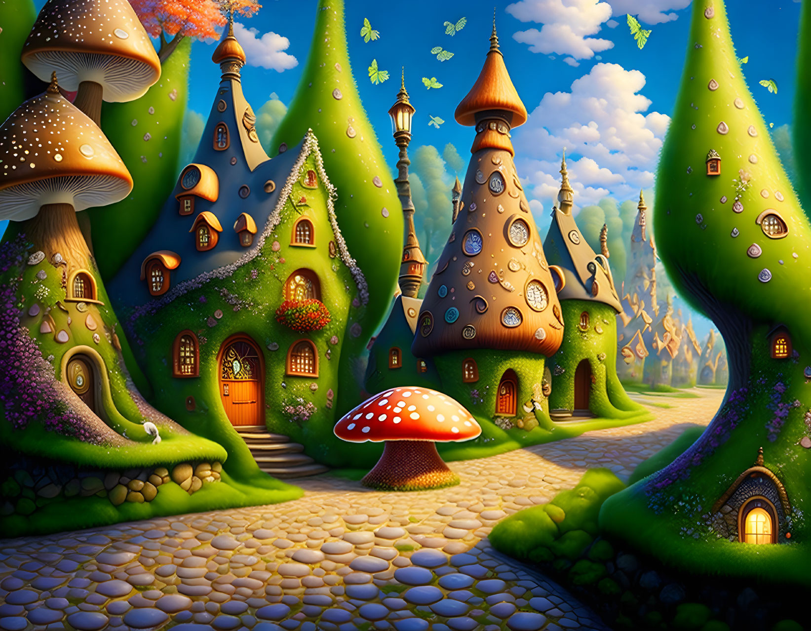 Enchanting forest scene with mushroom houses and colorful doors in twilight