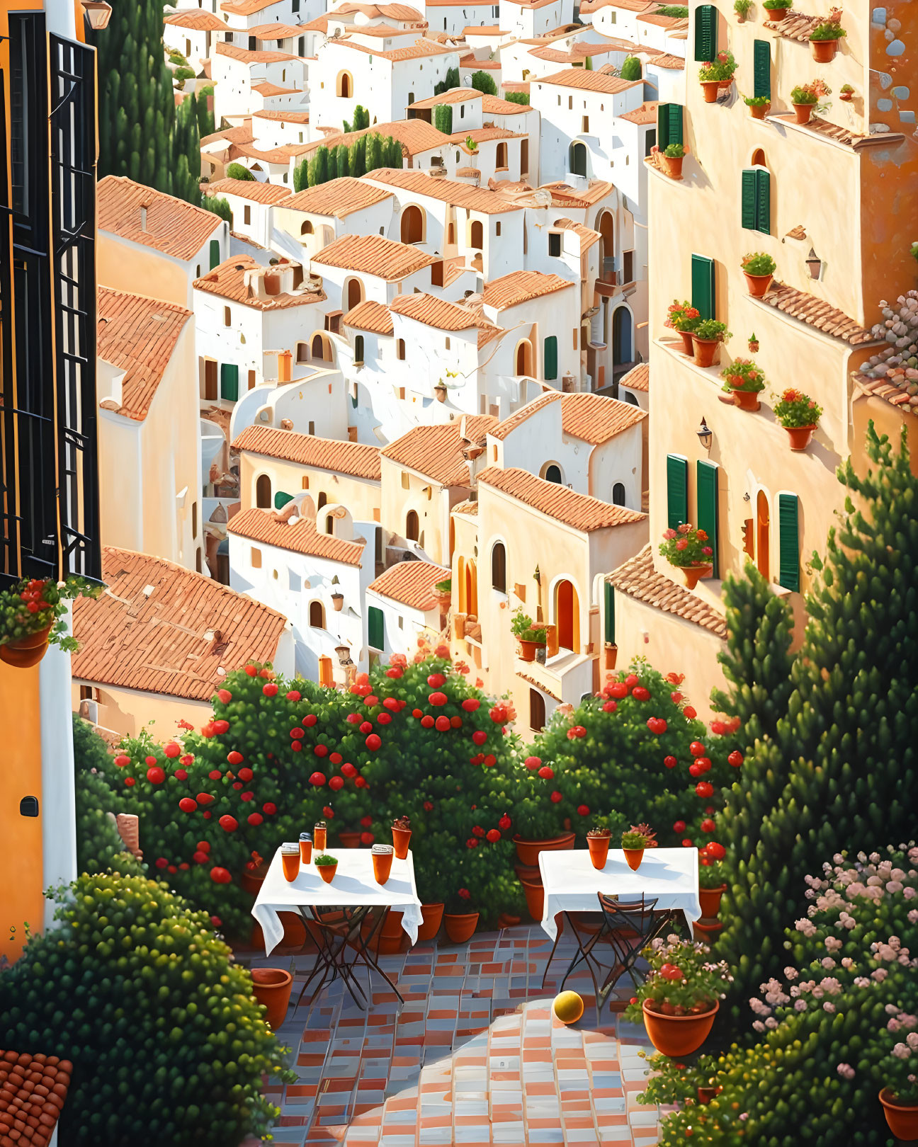 Scenic Mediterranean village with white houses and red-tiled roofs