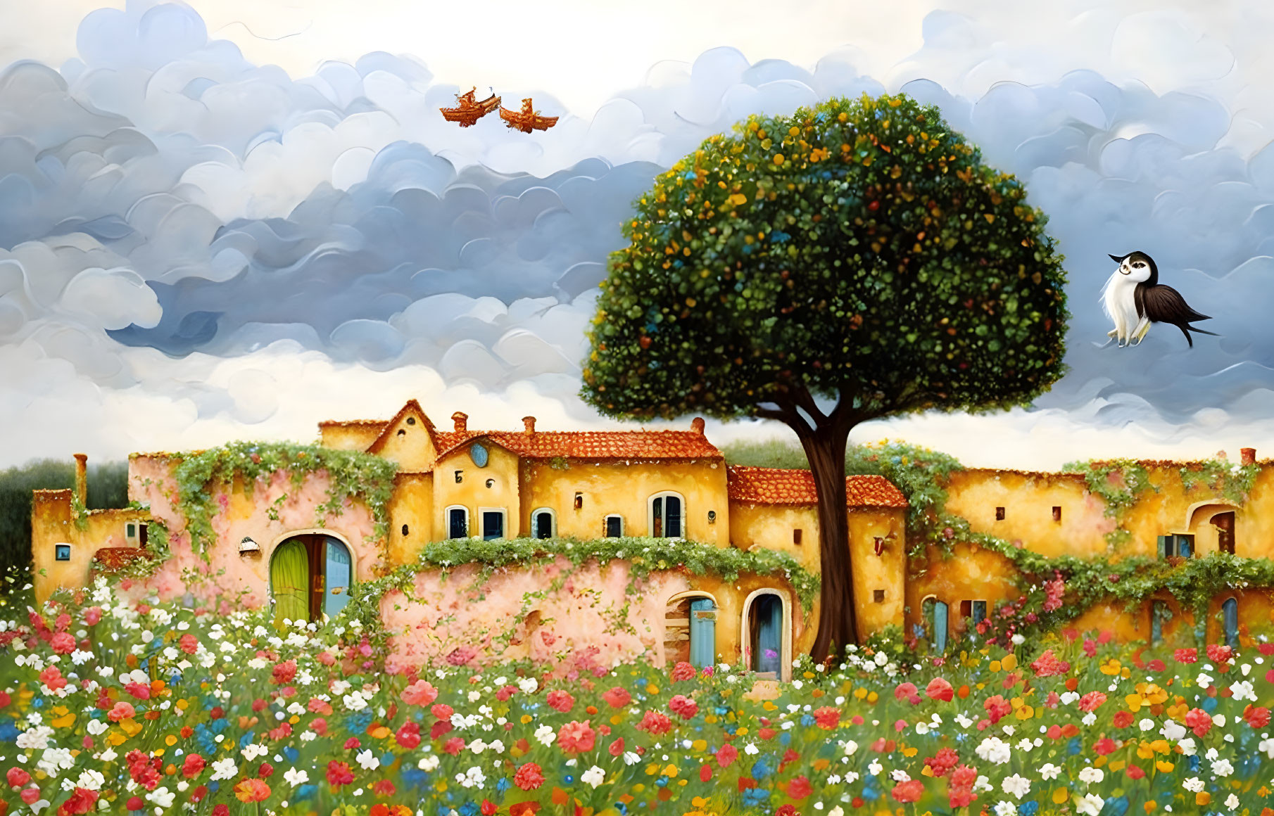 Rustic village painting with flower field, bird, and plane